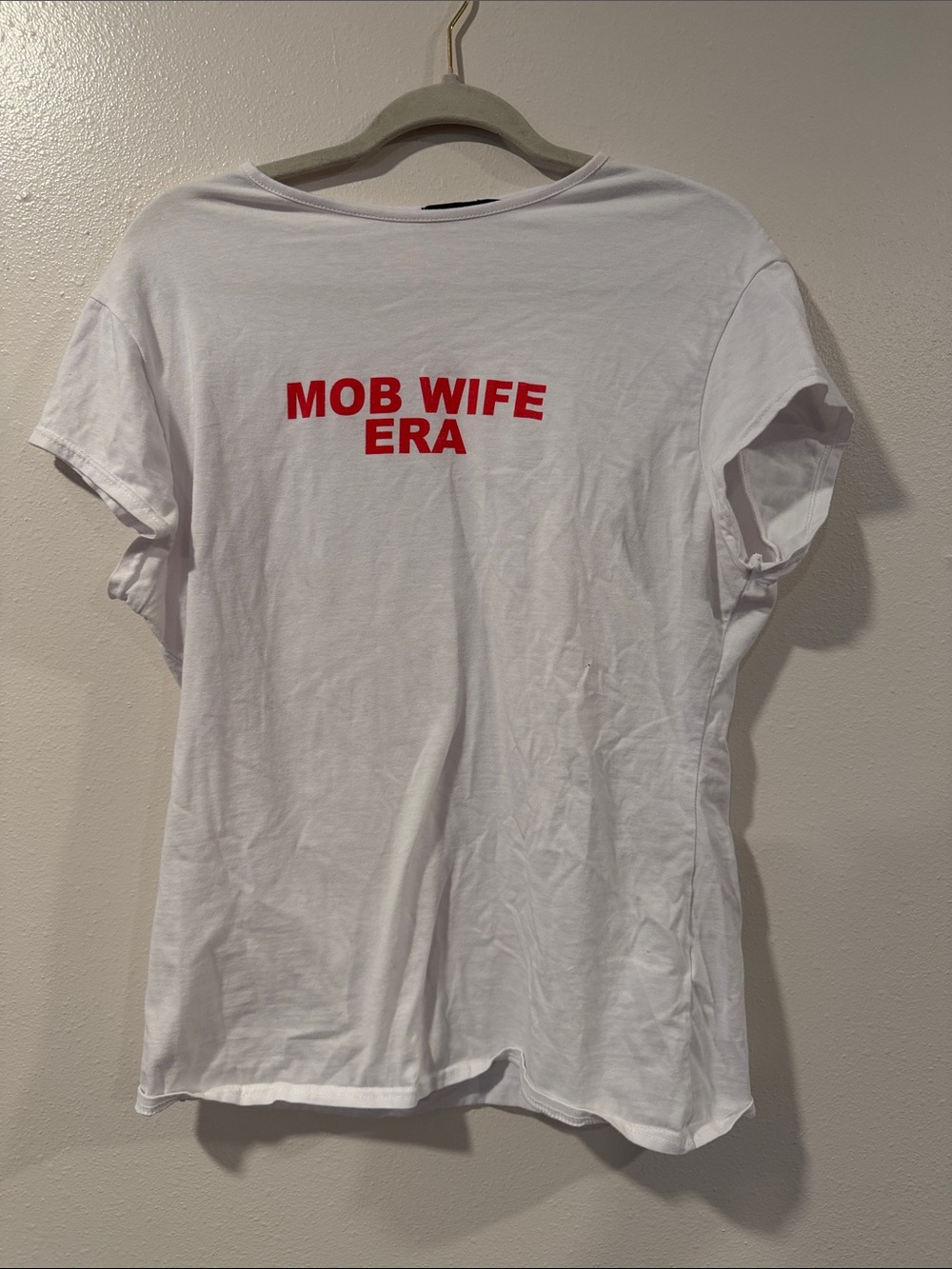 Boohoo White Tee with Red "MOB WIFE ERA" Print